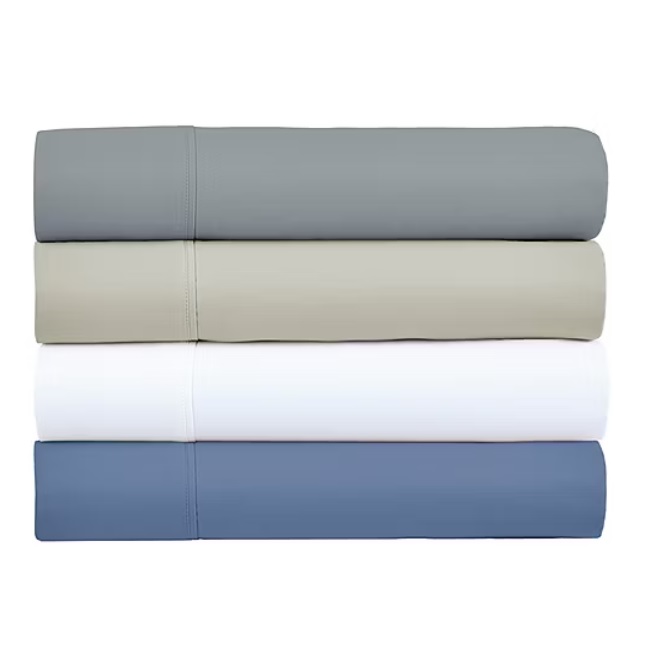 Four folded sheets in shades of gray, beige, white, and blue, made from a blend of Egyptian cotton with a thread count of 800.