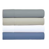 Four folded sheets in shades of gray, beige, white, and blue, made from a blend of Egyptian cotton with a thread count of 800.