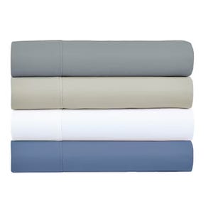 Four folded sheets in shades of gray, beige, white, and blue, made from a blend of Egyptian cotton with a thread count of 800.