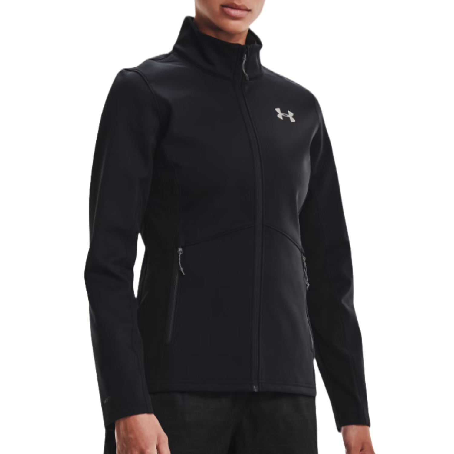A black Under Armour jacket with a high collar, zip front, and zippered pockets, featuring the brand logo on the chest.