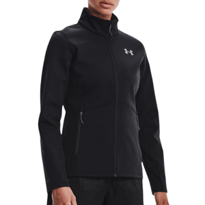 A black Under Armour jacket with a high collar, zip front, and zippered pockets, featuring the brand logo on the chest.