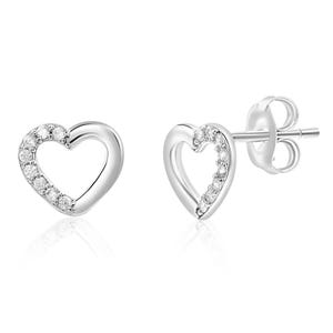 Heart-shaped stud earrings in silver with small embedded gemstones on one side.