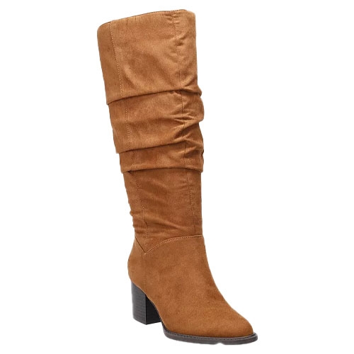 A knee-high, slouchy tan suede boot with a chunky block heel and pointed toe.