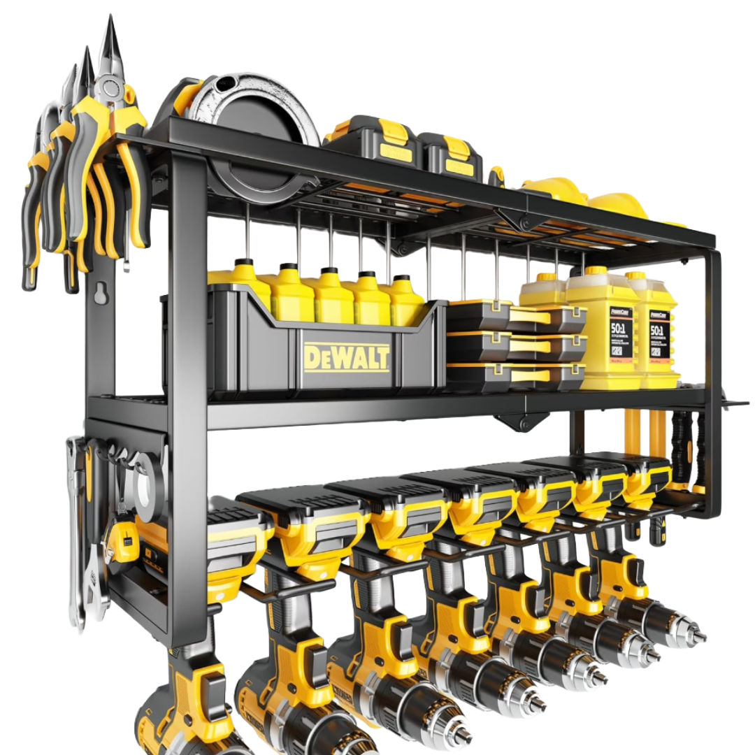 Tool storage rack with drills, batteries, screwdrivers, pliers, small containers, and a recognizable yellow and black DeWalt box.