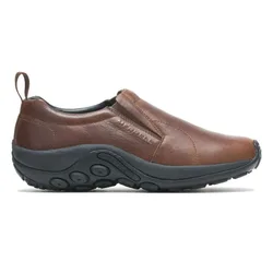 Brown Merrell slip-on shoe with a leather upper and a black rubber sole featuring circular patterns for grip.