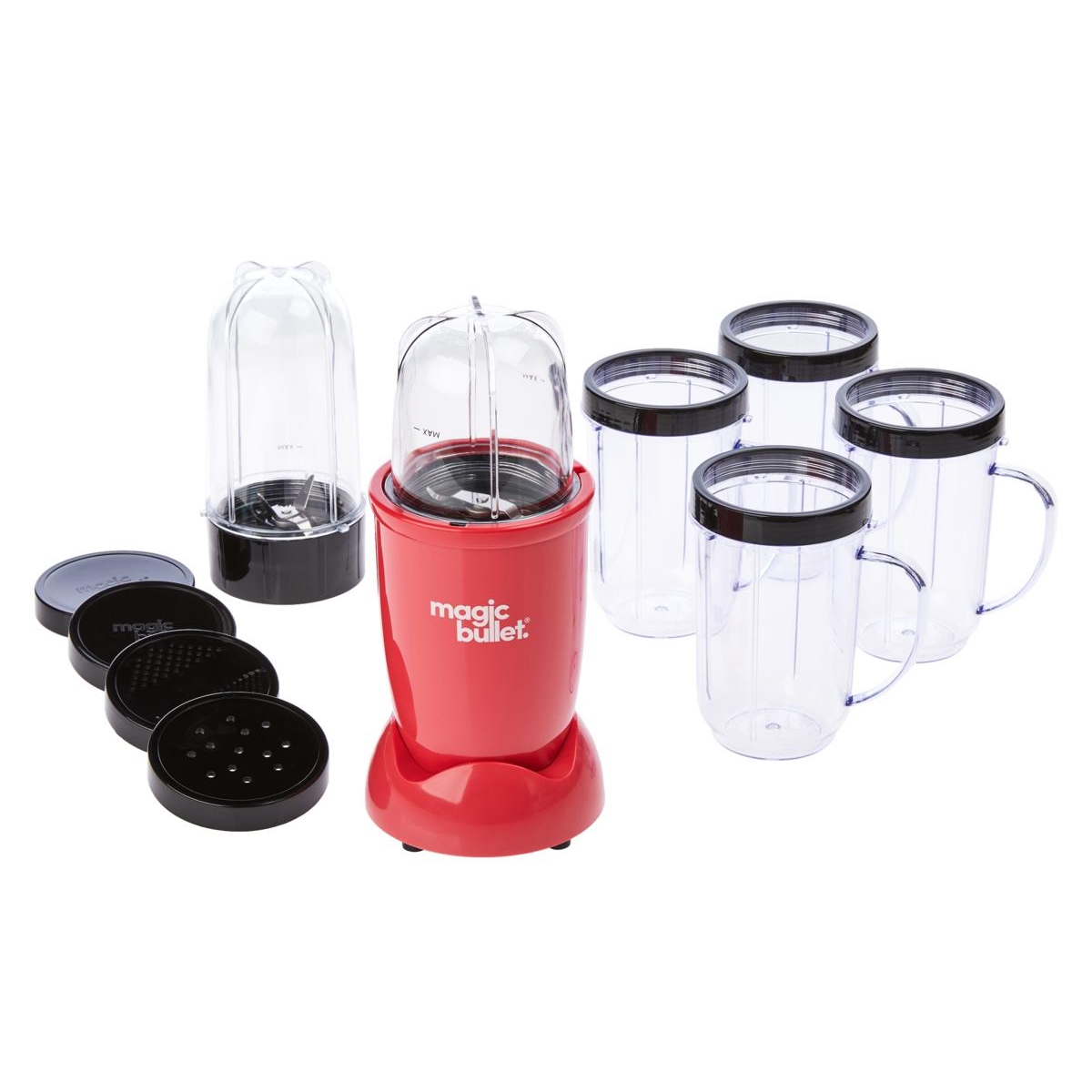 A Magic Bullet blender set featuring a red base unit with multiple blending cups, lids, and blade attachments.