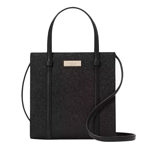 Black Kate Spade Kenzie Small Tote featuring a structured design with top handles and a detachable shoulder strap. It has a rectangular shape with a subtle sheen and a metal logo plaque on the front.