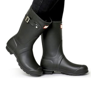 Black knee-high rubber boots with a side buckle detail, designed for wet weather.