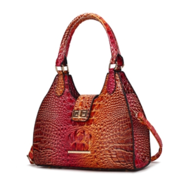 A stylish tote with a textured design in a vibrant blend of red and orange tones, featuring dual handles, a detachable strap, and an elegant clasp on the front.
