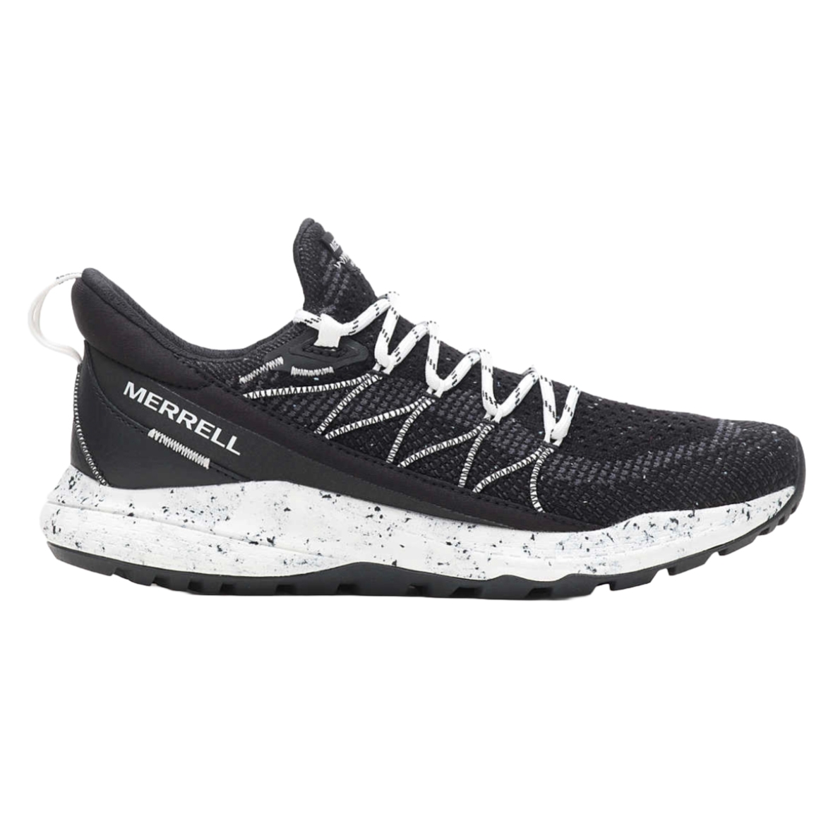 Merrell Bravada 2 Hiking Shoes feature a black and white knit design with a speckled white midsole, textured for traction. The shoe has a low profile, padded heel tab, and contrasting laces, suitable for outdoor use.