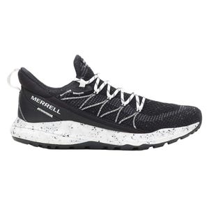 Merrell Bravada 2 Hiking Shoes feature a black and white knit design with a speckled white midsole, textured for traction. The shoe has a low profile, padded heel tab, and contrasting laces, suitable for outdoor use.