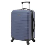 A blue hard-shell suitcase with a telescopic handle and four spinner wheels, featuring the Wrangler brand logo.