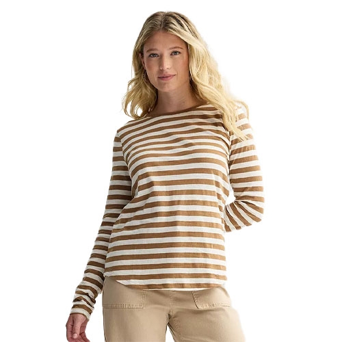 A person wearing a long-sleeve, brown and white striped shirt paired with beige pants.