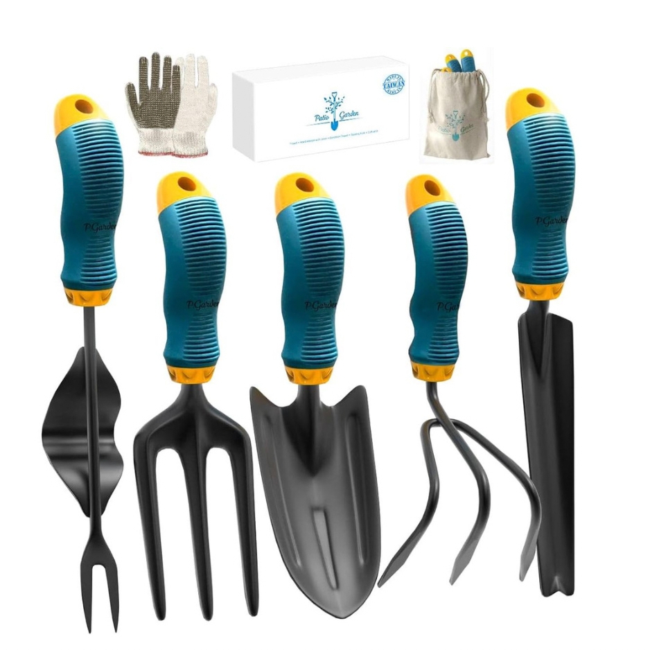 7-piece steel gardening tool set includes a hand fork, transplanter, trowel, weeder, cultivator, pair of gloves, and a storage bag. Each tool features ergonomic handles in teal and yellow.