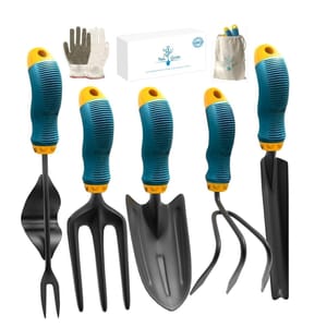 7-piece steel gardening tool set includes a hand fork, transplanter, trowel, weeder, cultivator, pair of gloves, and a storage bag. Each tool features ergonomic handles in teal and yellow.