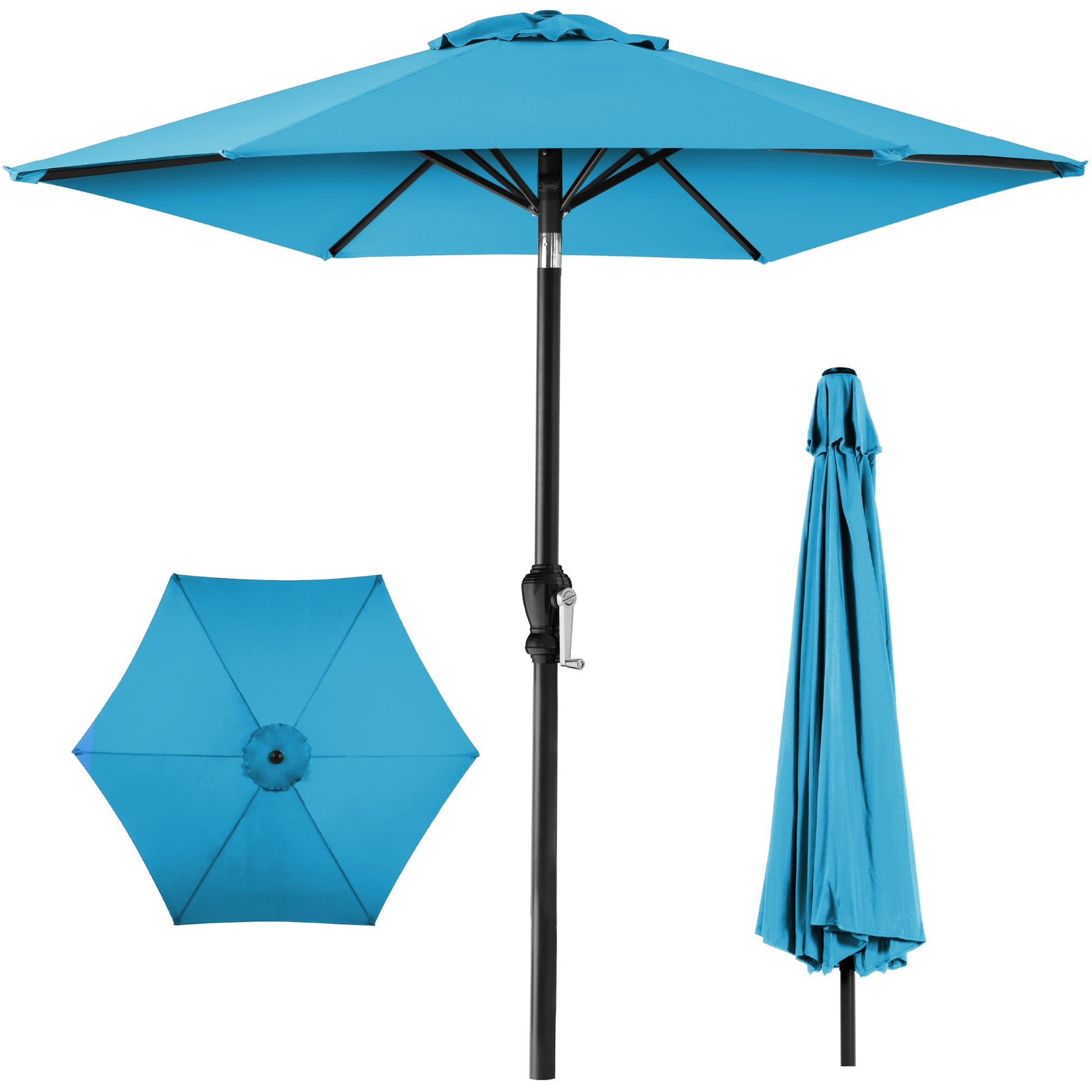Blue patio umbrella with crank handle, shown open, closed, and from a top view.