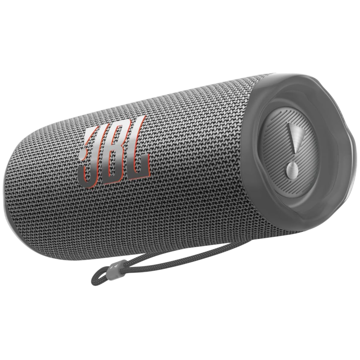 A JBL portable speaker with a textured fabric cover, featuring the JBL logo and a bass radiator marked with an exclamation point.