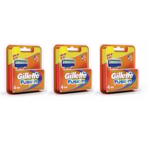 Three packages of Gillette Fusion razor blade cartridges, each containing four blades, with a promotion of up to 9% savings.