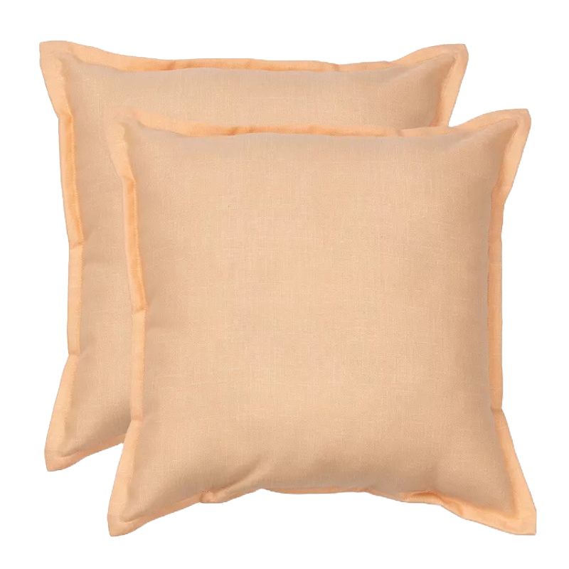 Two square beige pillows with a simple design and visible stitching around the edges.