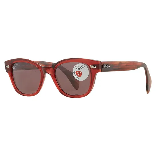 A pair of red Ray-Ban polarized sunglasses with a classic wayfarer design, featuring a prominent \“P\“ emblem sticker on the lens and the Ray-Ban logo on the temple.