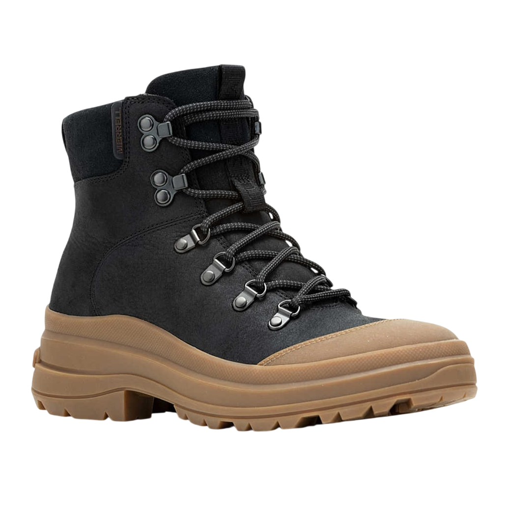A black hiking boot with a brown thick, rugged sole, featuring metal eyelets and black laces for secure fastening.