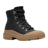 A black hiking boot with a brown thick, rugged sole, featuring metal eyelets and black laces for secure fastening.