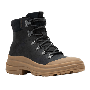 A black hiking boot with a brown thick, rugged sole, featuring metal eyelets and black laces for secure fastening.
