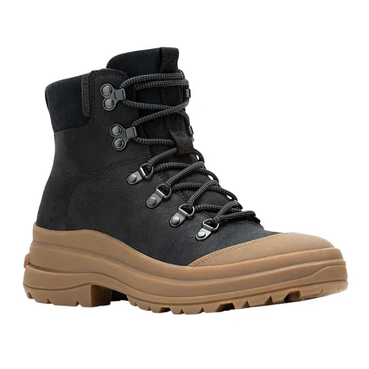 A black hiking boot with a brown thick, rugged sole, featuring metal eyelets and black laces for secure fastening.