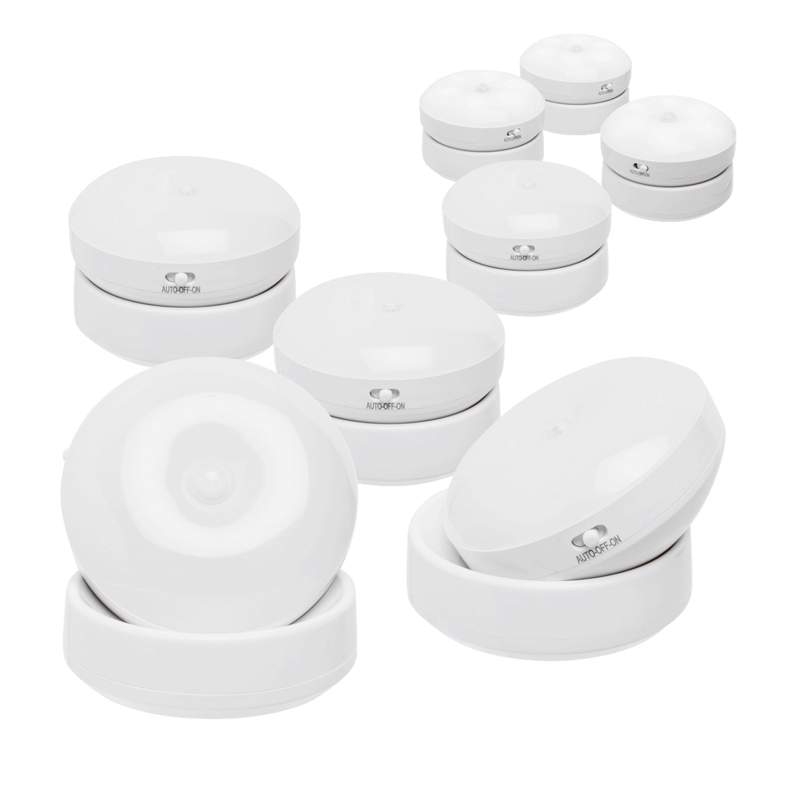 8-pack of round, white LED motion sensor lights with switch options for auto, off, and on.
