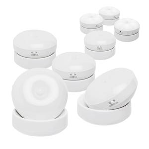 8-pack of round, white LED motion sensor lights with switch options for auto, off, and on.