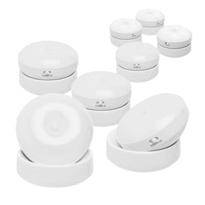 8-pack of round, white LED motion sensor lights with switch options for auto, off, and on.