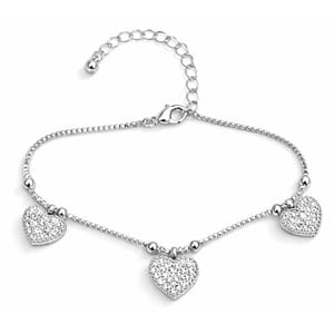 A silver bracelet features three heart-shaped charms encrusted with small crystals, with an adjustable chain and lobster clasp.