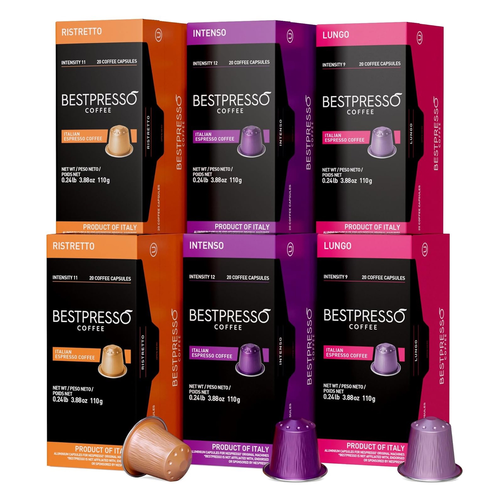 Boxes of Bestpresso Coffee Capsules in flavors Ristretto, Intenso, and Lungo are shown. Each box contains 20 capsules, with intensities ranging from 9 to 12, labeled as Italian Espresso Coffee and marked as a product of Italy.