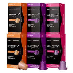 Boxes of Bestpresso Coffee Capsules in flavors Ristretto, Intenso, and Lungo are shown. Each box contains 20 capsules, with intensities ranging from 9 to 12, labeled as Italian Espresso Coffee and marked as a product of Italy.