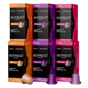 Boxes of Bestpresso Coffee Capsules in flavors Ristretto, Intenso, and Lungo are shown. Each box contains 20 capsules, with intensities ranging from 9 to 12, labeled as Italian Espresso Coffee and marked as a product of Italy.