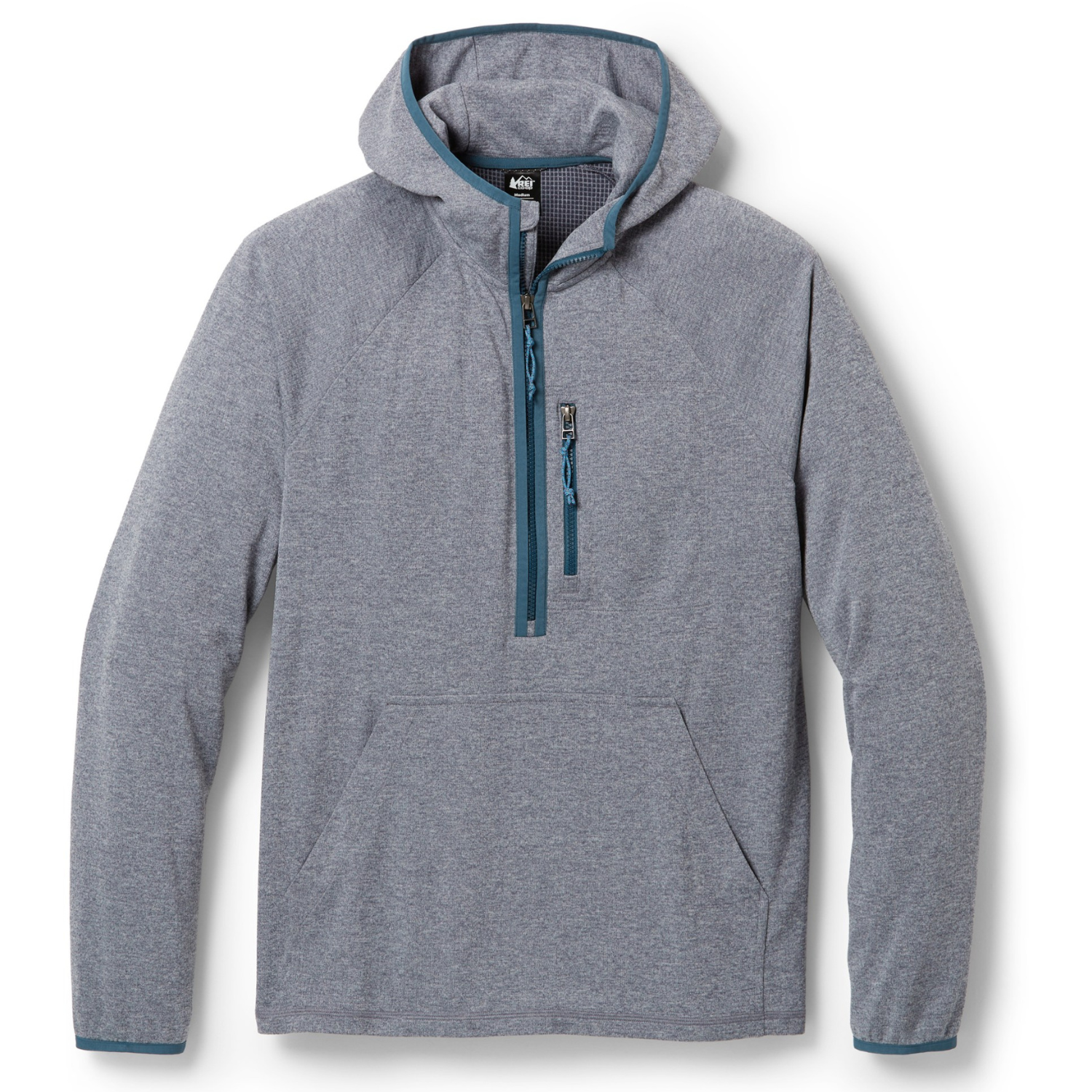 Grey pullover hoodie with quarter-zip, chest pocket, and front kangaroo pocket; features a blue zipper trim and REI Co-op logo. Ideal for layering and outdoor activities.