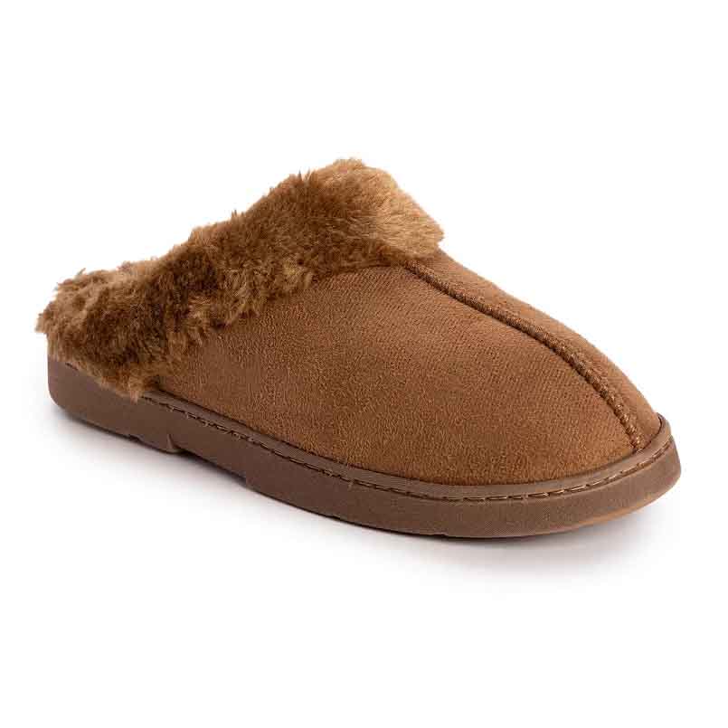 Brown Muk Luks women's slippers featuring a slip-on design with a furry lining and a durable sole. Made from polysuede for a cozy feel.