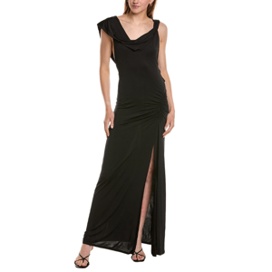 The Roxanne Maxi Dress is a sleek black gown featuring an asymmetrical shoulder design, draped neckline, and a high slit on one side, paired elegantly with thin-strap sandals.