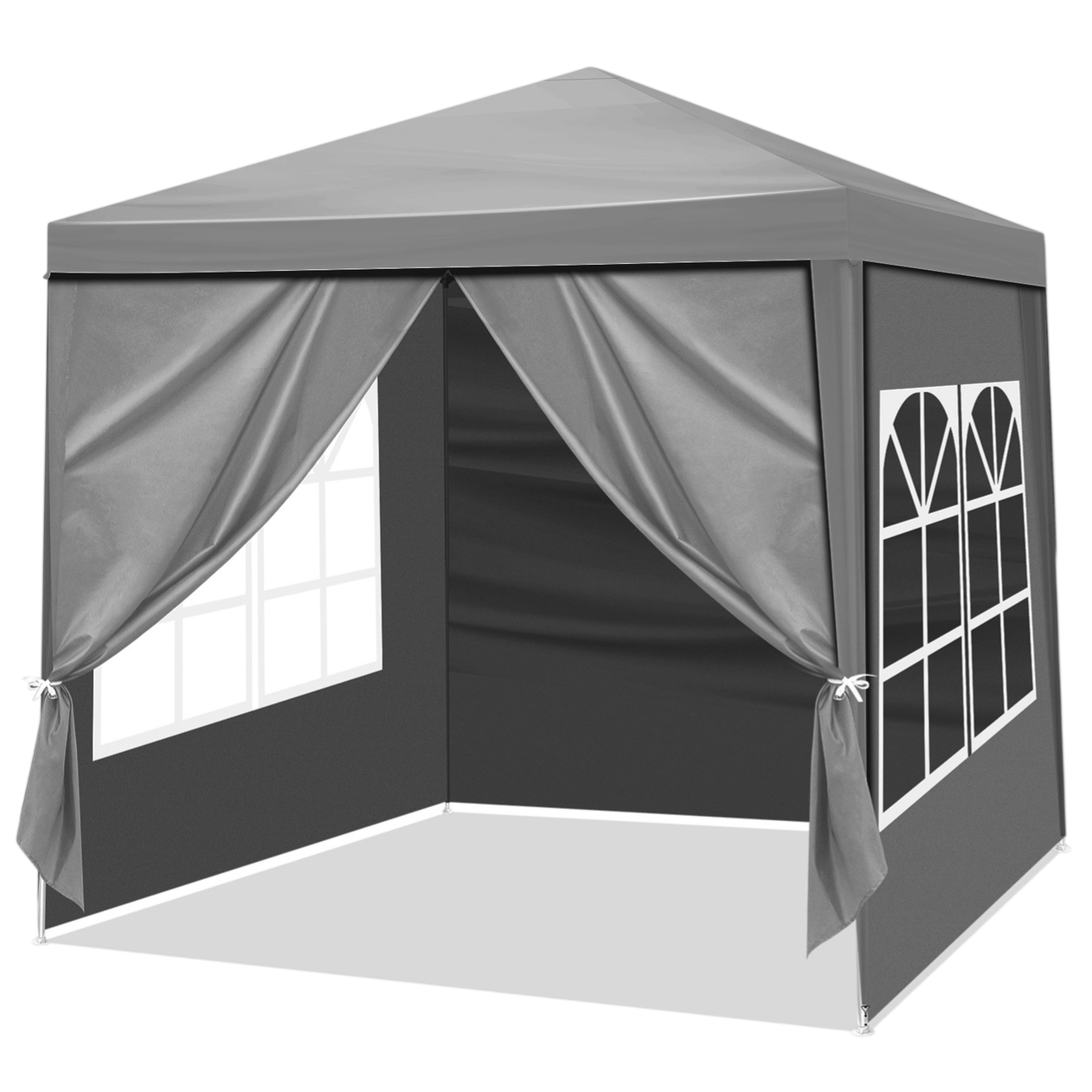 A small, gray outdoor canopy tent with two side walls featuring white window patterns and curtains tied to the sides.