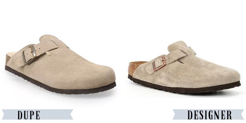 A pair of beige clogs from Kohl's beside a similar pair from Birkenstock.