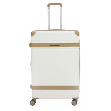 White suitcase with tan accents, featuring four wheels and a telescopic handle.