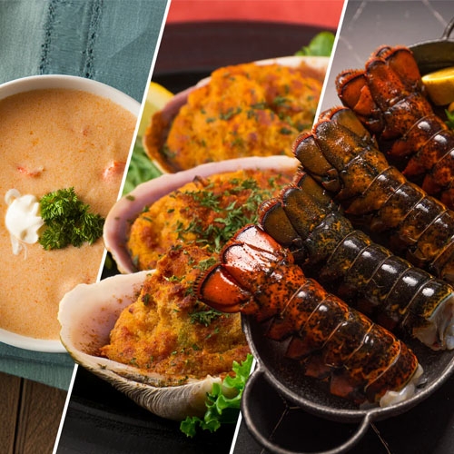 Three seafood dishes are shown: a bowl of bisque, stuffed clams, and grilled lobster tails.