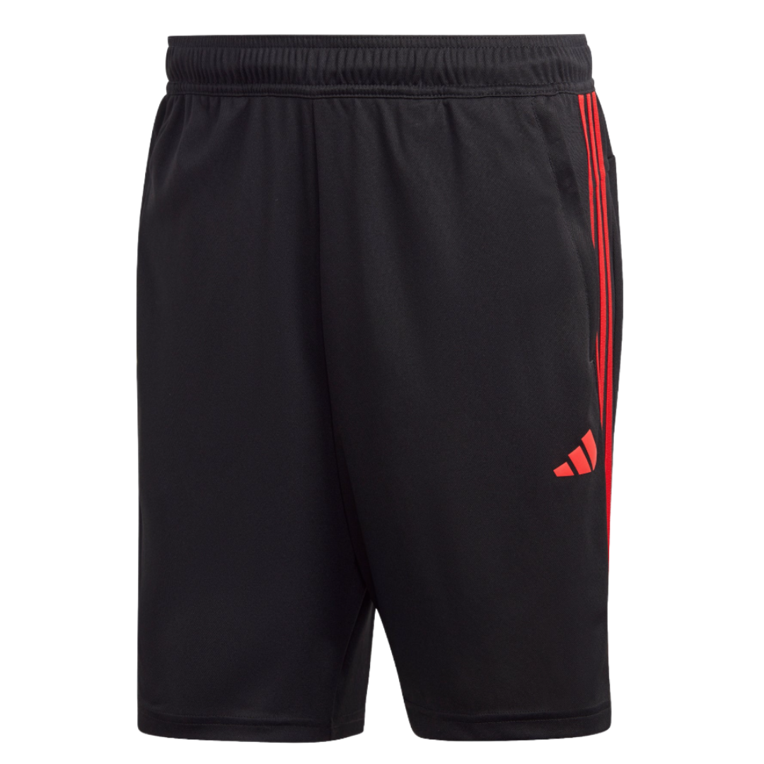 Black athletic shorts with red stripes and a logo on the left leg, featuring an elastic waistband.