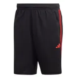 Black athletic shorts with red stripes and a logo on the left leg, featuring an elastic waistband.