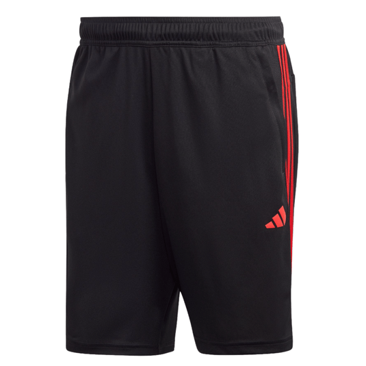 Black athletic shorts with red stripes and a logo on the left leg, featuring an elastic waistband.