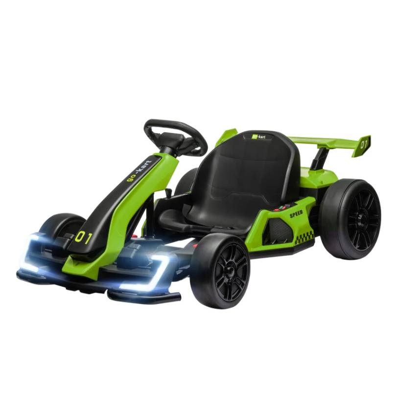 A sleek green electric go-kart with a modern design, featuring a black seat, LED lights, and labeled with \“01.\“