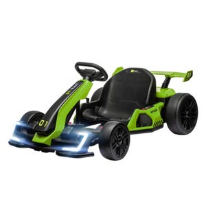 A sleek green electric go-kart with a modern design, featuring a black seat, LED lights, and labeled with \“01.\“