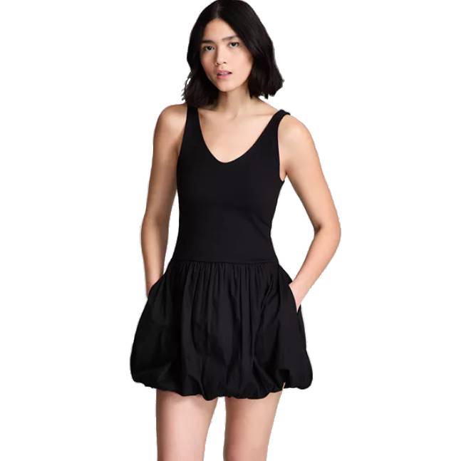 A sleeveless black dress with a fitted bodice and a voluminous bubble hem skirt, featuring a V-neckline and pockets.