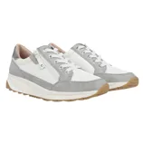 A pair of white and gray sneakers featuring laces and side zippers, with a gum sole and low profile design.