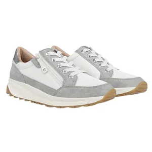 A pair of white and gray sneakers featuring laces and side zippers, with a gum sole and low profile design.